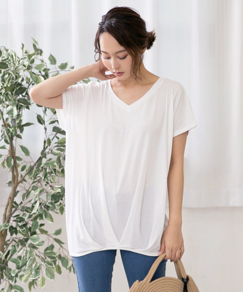KOBE LETTUCE（コウベレタス）の「[Uネック/Vネック]裾タック入りフレンチスリーブ半袖Tシャツ（Tシャツ/カットソー・レディース・レッド系その他2/ブルー系その他/イエロー系その他/ピンク系その他/ローズ/ホワイト×ネイビー/グレイッシュベージュ/ホワイト系その他3/ホワイト系その他7/ブラック/オフホワイト/ピンク/マスタード/ライトカーキ/ホワイト×ブラック/ブラック系その他/ベージュ系その他/グリーン系その他/ブラック×ホワイト/ボルドー/ネイビー/ホワイト系その他6/ホワイト系その他/ホワイト系その他5/ホワイト系その他2/ホワイト系その他4/レッド系その他・L/M）」の7枚目の写真