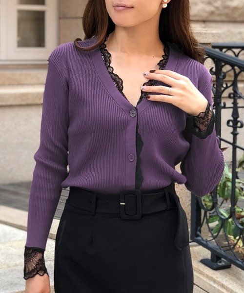 Julia Boutique（ジュリアブティック）の「繊細レースデザインリブニットカーディガン/510432（カーディガン/ボレロ・レディース・ブラック/ベージュ/ブラウン/ボルドー/パープル・ONE/LL/L）」の4枚目の写真