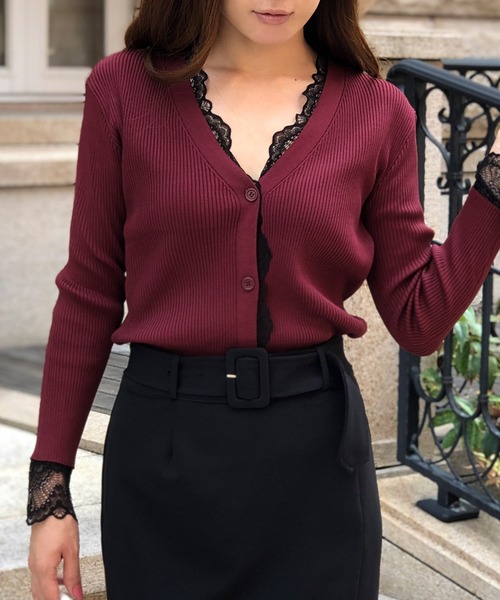 Julia Boutique（ジュリアブティック）の「繊細レースデザインリブニットカーディガン/510432（カーディガン/ボレロ・レディース・ブラック/ベージュ/ブラウン/ボルドー/パープル・ONE/LL/L）」の5枚目の写真