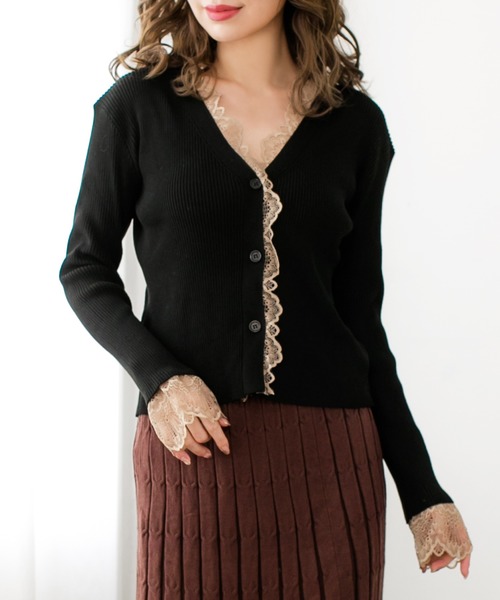 Julia Boutique（ジュリアブティック）の「繊細レースデザインリブニットカーディガン/510432（カーディガン/ボレロ・レディース・ブラック/ベージュ/ブラウン/ボルドー/パープル・ONE/LL/L）」の2枚目の写真