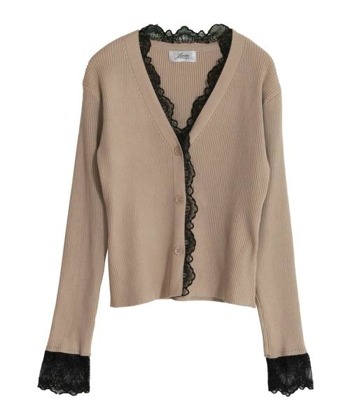 Julia Boutique（ジュリアブティック）の「繊細レースデザインリブニットカーディガン/510432（カーディガン/ボレロ・レディース・ブラック/ベージュ/ブラウン/ボルドー/パープル・ONE/LL/L）」の7枚目の写真