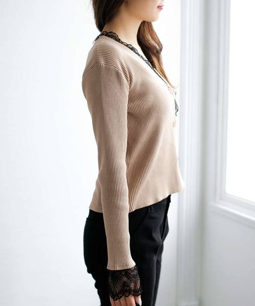 Julia Boutique（ジュリアブティック）の「繊細レースデザインリブニットカーディガン/510432（カーディガン/ボレロ・レディース・ブラック/ベージュ/ブラウン/ボルドー/パープル・ONE/LL/L）」の9枚目の写真