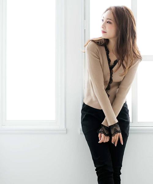 Julia Boutique（ジュリアブティック）の「繊細レースデザインリブニットカーディガン/510432（カーディガン/ボレロ・レディース・ブラック/ベージュ/ブラウン/ボルドー/パープル・ONE/LL/L）」の18枚目の写真