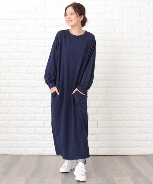 セール】シンプル無地長袖ロングTシャツワンピース（ワンピース