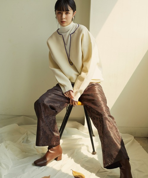 CLEIO(クレイオ)の「【CLEIO】リップル編み配色スリットネックニット(ニット/セーター・レディース・アイボリー/ベージュ/グリーン・FREE)」の8枚目の写真