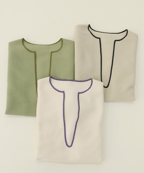 CLEIO(クレイオ)の「【CLEIO】リップル編み配色スリットネックニット(ニット/セーター・レディース・アイボリー/ベージュ/グリーン・FREE)」の14枚目の写真