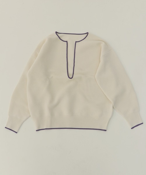 CLEIO(クレイオ)の「【CLEIO】リップル編み配色スリットネックニット(ニット/セーター・レディース・アイボリー/ベージュ/グリーン・FREE)」の13枚目の写真