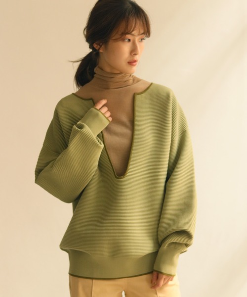 CLEIO(クレイオ)の「【CLEIO】リップル編み配色スリットネックニット(ニット/セーター・レディース・アイボリー/ベージュ/グリーン・FREE)」の21枚目の写真