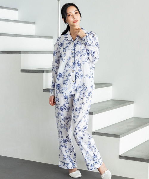 soft-gauze-clothパジャマシャツ長袖上下ｾｯﾄ(花柄・パステルストライプ