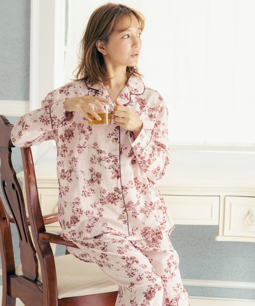 フラワープリント フード付きルームウェア soft-gauze-clothパジャマシャツ長袖上下ｾｯﾄ(花柄・パステルストライプ
