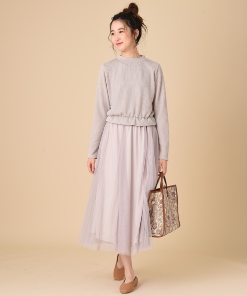 INTERPLANET（インタープラネット）の「【ＷＥＢ限定】リブニットソー＊チュール切替ワンピース（ワンピース・レディース・グレイッシュベージュ/ブラック・FREE）」の5枚目の写真