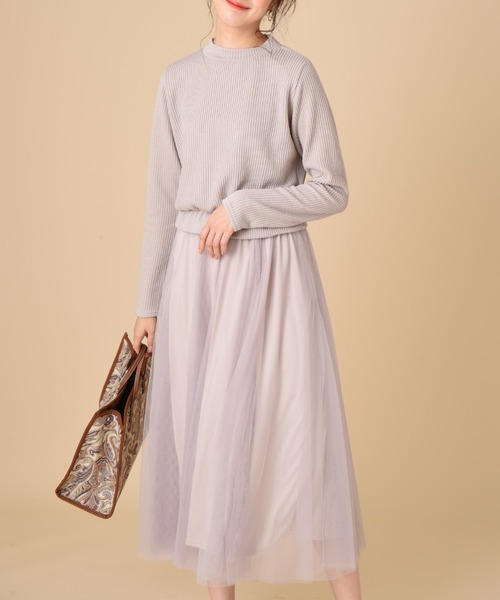 INTERPLANET（インタープラネット）の「【ＷＥＢ限定】リブニットソー＊チュール切替ワンピース（ワンピース・レディース・グレイッシュベージュ/ブラック・FREE）」の8枚目の写真