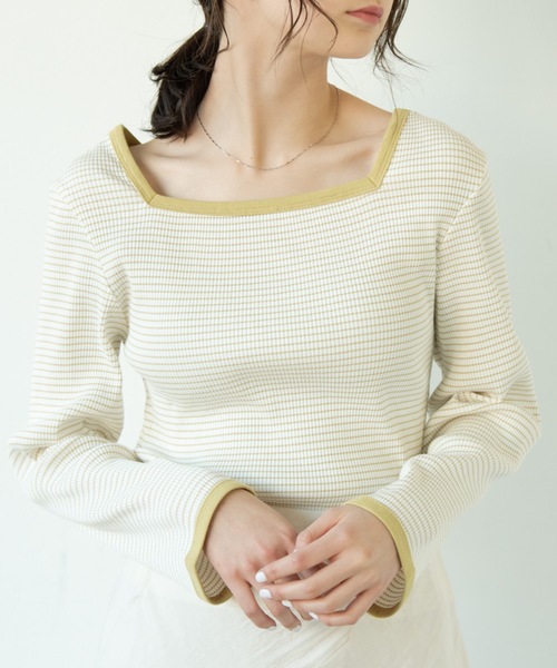 flowriri(フロウリリ)の「flowriri スクエアボーダーカットソー(Tシャツ/カットソー・レディース・ブラック/マスタード/ライトブルー・FREE)」の1枚目の写真