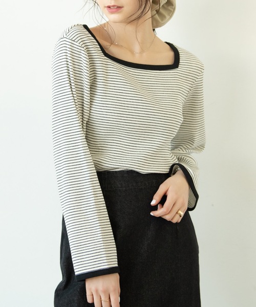 flowriri(フロウリリ)の「flowriri スクエアボーダーカットソー(Tシャツ/カットソー・レディース・ブラック/マスタード/ライトブルー・FREE)」の2枚目の写真