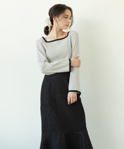 flowriri(フロウリリ)の「flowriri スクエアボーダーカットソー(Tシャツ/カットソー・レディース・ブラック/マスタード/ライトブルー・FREE)」の6枚目の写真