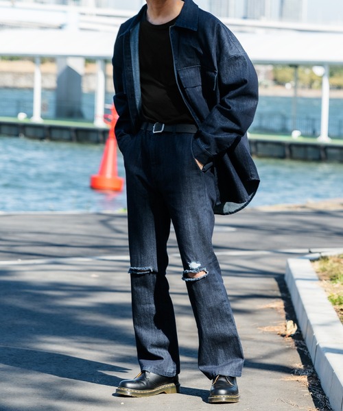 Adoon plain(アドーンプレーン)の「【Adoon plain】クラッシュフレアデニム (セットアップ着用可)(デニムパンツ・メンズ・サックスブルー/インディゴブルー・SMALL/MEDIUM/LARGE)」の15枚目の写真