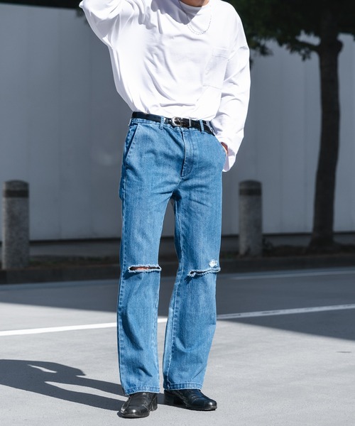 Adoon plain(アドーンプレーン)の「【Adoon plain】クラッシュフレアデニム (セットアップ着用可)(デニムパンツ・メンズ・サックスブルー/インディゴブルー・SMALL/MEDIUM/LARGE)」の3枚目の写真