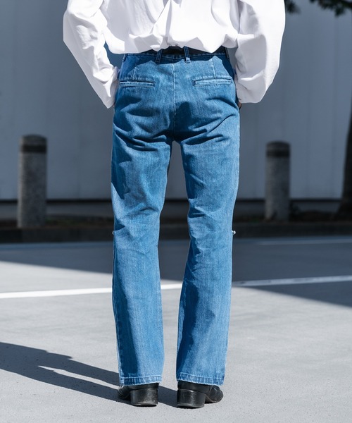 Adoon plain(アドーンプレーン)の「【Adoon plain】クラッシュフレアデニム (セットアップ着用可)(デニムパンツ・メンズ・サックスブルー/インディゴブルー・SMALL/MEDIUM/LARGE)」の5枚目の写真