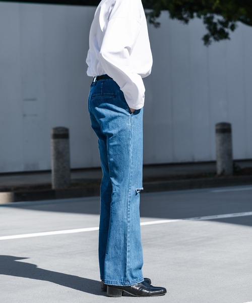 Adoon plain(アドーンプレーン)の「【Adoon plain】クラッシュフレアデニム (セットアップ着用可)(デニムパンツ・メンズ・サックスブルー/インディゴブルー・SMALL/MEDIUM/LARGE)」の9枚目の写真