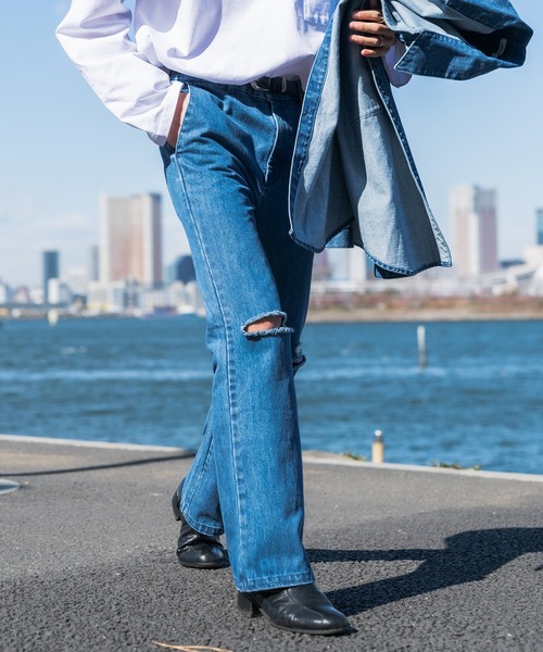 Adoon plain(アドーンプレーン)の「【Adoon plain】クラッシュフレアデニム (セットアップ着用可)(デニムパンツ・メンズ・サックスブルー/インディゴブルー・SMALL/MEDIUM/LARGE)」の21枚目の写真