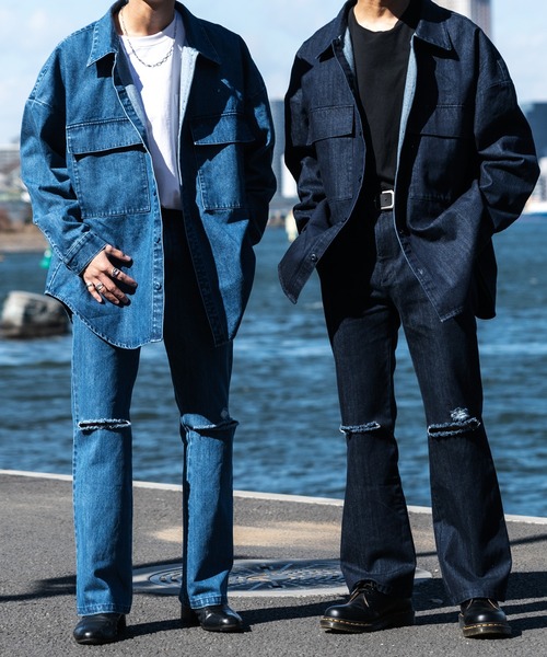 Adoon plain(アドーンプレーン)の「【Adoon plain】クラッシュフレアデニム (セットアップ着用可)(デニムパンツ・メンズ・サックスブルー/インディゴブルー・SMALL/MEDIUM/LARGE)」の6枚目の写真