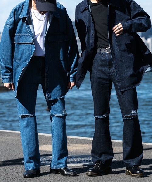 Adoon plain(アドーンプレーン)の「【Adoon plain】クラッシュフレアデニム (セットアップ着用可)(デニムパンツ・メンズ・サックスブルー/インディゴブルー・SMALL/MEDIUM/LARGE)」の10枚目の写真