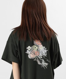 サイドスリット ミドル丈 バックプリント フラワープリントTシャツ/チュニック/半袖Tシャツ
