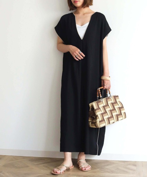 HER CLOSET（ハークローゼット）の「【HERCLOSET】パイピングスキッパーシャツワンピース（ワンピース・レディース・ブラック/ベージュ・M）」の2枚目の写真