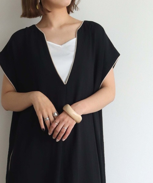 HER CLOSET（ハークローゼット）の「【HERCLOSET】パイピングスキッパーシャツワンピース（ワンピース・レディース・ブラック/ベージュ・M）」の4枚目の写真