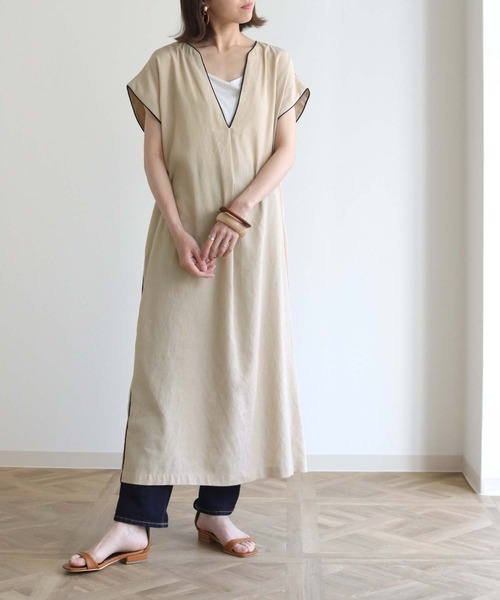 HER CLOSET（ハークローゼット）の「【HERCLOSET】パイピングスキッパーシャツワンピース（ワンピース・レディース・ブラック/ベージュ・M）」の9枚目の写真