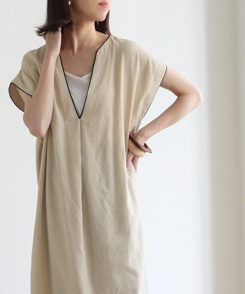 HER CLOSET（ハークローゼット）の「【HERCLOSET】パイピングスキッパーシャツワンピース（ワンピース・レディース・ブラック/ベージュ・M）」の10枚目の写真