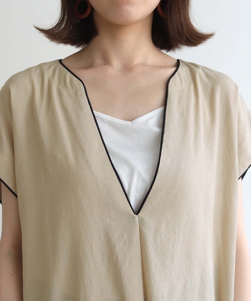 HER CLOSET（ハークローゼット）の「【HERCLOSET】パイピングスキッパーシャツワンピース（ワンピース・レディース・ブラック/ベージュ・M）」の15枚目の写真