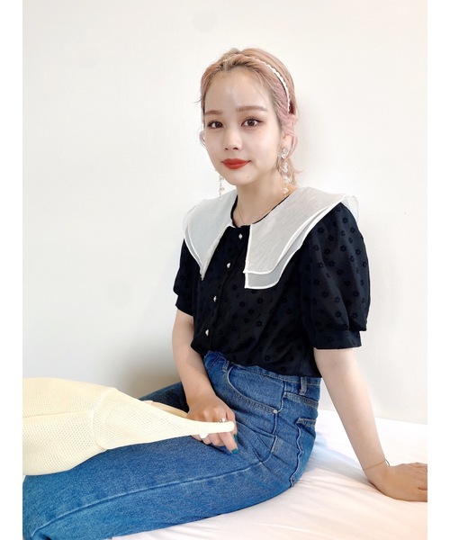 jumelle（ジュメロ）の「ダブルカラーフラワーブラウス（シャツ/ブラウス・レディース・ブラック/ホワイト・FREE）」の8枚目の写真