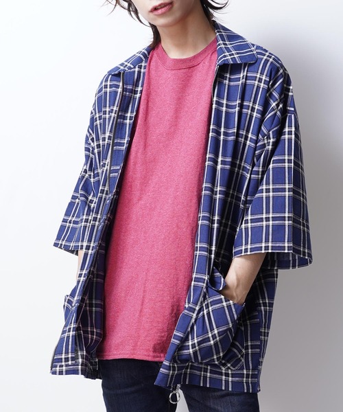 セール】ビッグシルエットチェックジップアップ半袖シャツ(MKTM