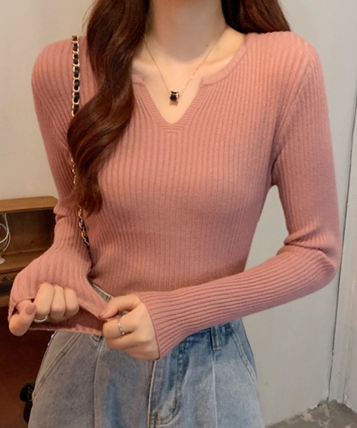 Girly Doll(ガーリードール)の「キーネックリブニット(ニット/セーター・レディース・ホワイト/ブラック/ベージュ/グリーン/パープル/ピンク・FREE)」の6枚目の写真