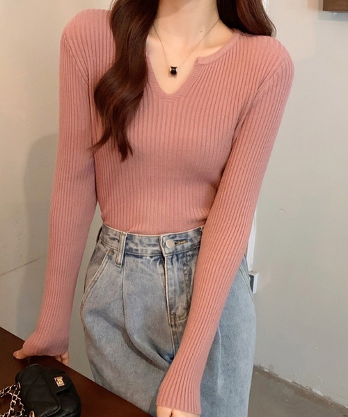 Girly Doll(ガーリードール)の「キーネックリブニット(ニット/セーター・レディース・ホワイト/ブラック/ベージュ/グリーン/パープル/ピンク・FREE)」の19枚目の写真