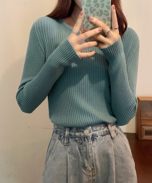 Girly Doll(ガーリードール)の「キーネックリブニット(ニット/セーター・レディース・ホワイト/ブラック/ベージュ/グリーン/パープル/ピンク・FREE)」の16枚目の写真