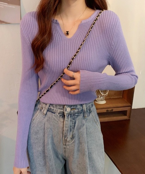 Girly Doll(ガーリードール)の「キーネックリブニット(ニット/セーター・レディース・ホワイト/ブラック/ベージュ/グリーン/パープル/ピンク・FREE)」の20枚目の写真