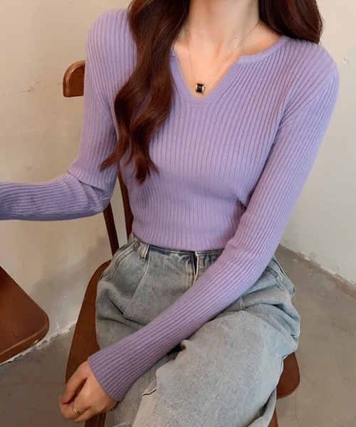 Girly Doll(ガーリードール)の「キーネックリブニット(ニット/セーター・レディース・ホワイト/ブラック/ベージュ/グリーン/パープル/ピンク・FREE)」の17枚目の写真
