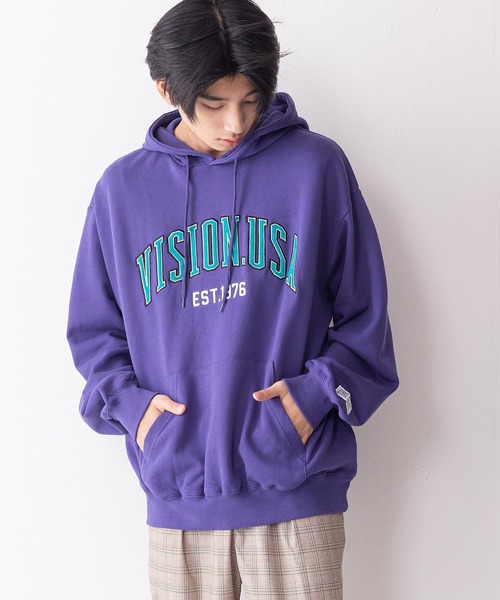 VISION STREET WEAR（ヴィジョンストリートウェア）の「【VISION STREET WEAR／ビジョンストリートウェア】ベロアワッペン裏毛フーディープルパーカー／トレーナー／コットン100％（パーカー・メンズ・チャコールグレー/パープル/グレー/アイボリー/ワイン・MEDIUM/LARGE/X-LARGE）」の5枚目の写真