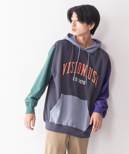 VISION STREET WEAR（ヴィジョンストリートウェア）の「【VISION STREET WEAR／ビジョンストリートウェア】ベロアワッペン裏毛フーディープルパーカー／トレーナー／コットン100％（パーカー・メンズ・チャコールグレー/パープル/グレー/アイボリー/ワイン・MEDIUM/LARGE/X-LARGE）」の3枚目の写真