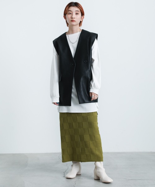 select MOCA(セレクトモカ)の「2021 AW ブロックチェックタイトニットスカート(スカート・レディース・オリーブ/ブルー/ブラック・FREE)」の5枚目の写真