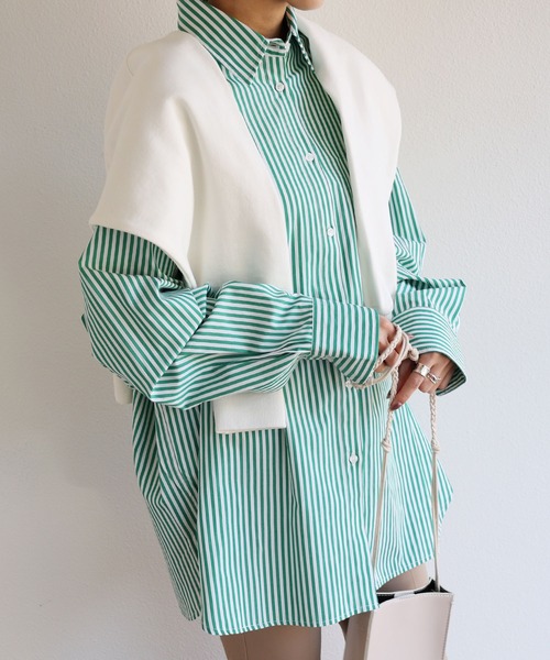 andme（アンドミー）の「長袖カラーストライプシャツ（シャツ/ブラウス・レディース・ホワイト×グリーン/ホワイト×ブルー/ホワイト×イエロー/ホワイト×ピンク/ホワイト×パープル/オレンジ系その他・M/L）」の2枚目の写真