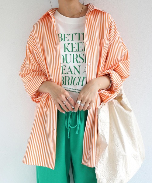 andme（アンドミー）の「長袖カラーストライプシャツ（シャツ/ブラウス・レディース・ホワイト×グリーン/ホワイト×ブルー/ホワイト×イエロー/ホワイト×ピンク/ホワイト×パープル/オレンジ系その他・M/L）」の6枚目の写真