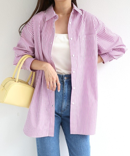 andme（アンドミー）の「長袖カラーストライプシャツ（シャツ/ブラウス・レディース・ホワイト×グリーン/ホワイト×ブルー/ホワイト×イエロー/ホワイト×ピンク/ホワイト×パープル/オレンジ系その他・M/L）」の3枚目の写真