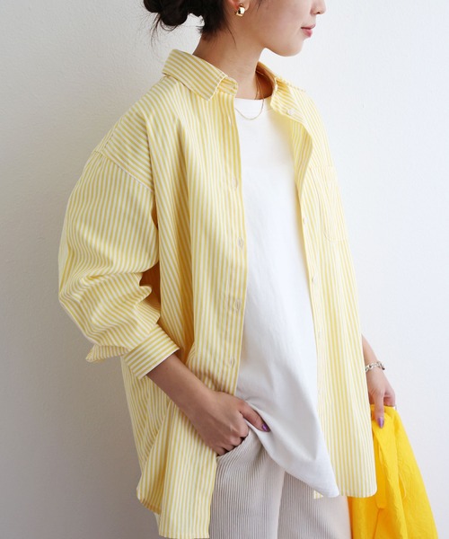 andme（アンドミー）の「長袖カラーストライプシャツ（シャツ/ブラウス・レディース・ホワイト×グリーン/ホワイト×ブルー/ホワイト×イエロー/ホワイト×ピンク/ホワイト×パープル/オレンジ系その他・M/L）」の4枚目の写真