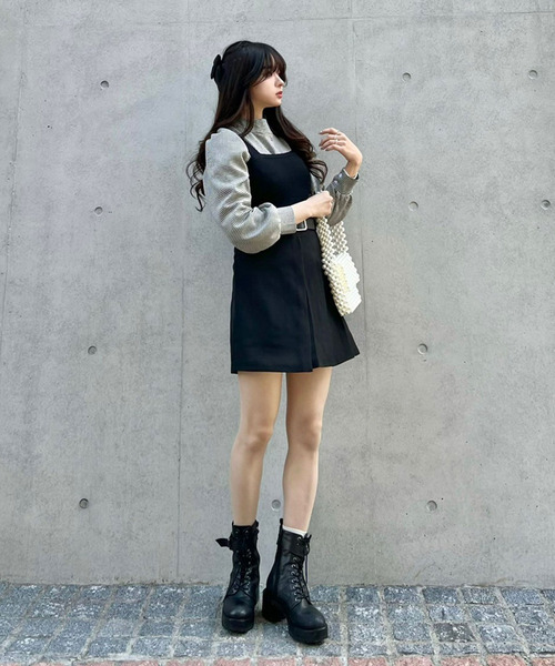 titty＆Co. PETIT by poyo（ティティーアンドコープティバイポヨ）の「【titty&Co.PETIT by POYO】ベルト付きサイドプリーツスカパン（スカート・レディース・ブラック/ホワイト・SMALL/MEDIUM）」の3枚目の写真