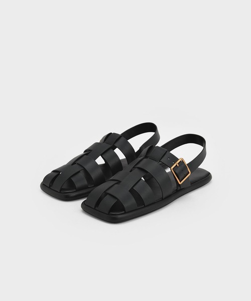 Buckled leather slingback sandals スリングバックサンダル セール】メタリックバックルケージド スリングバックサンダル