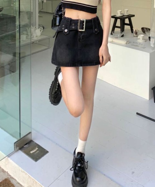 meJane（ミージェーン）の「デニム台形ミニスカパン（デニムスカート・レディース・ブラック/インディゴブルー・S/M）」の9枚目の写真