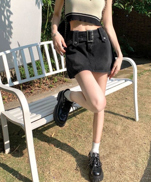 meJane（ミージェーン）の「デニム台形ミニスカパン（デニムスカート・レディース・ブラック/インディゴブルー・S/M）」の3枚目の写真